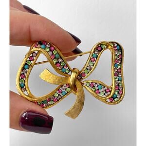 VtG 60s Signed KRAMER Bow Brooch MultiColor Glass Rhinestone Mid Century 2.25”